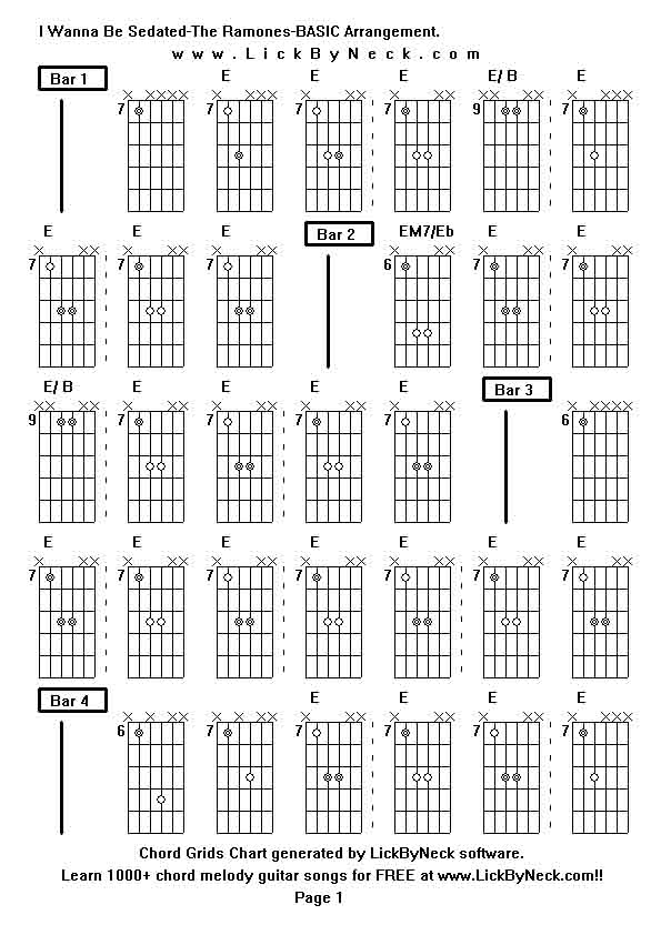 Chord Grids Chart of chord melody fingerstyle guitar song-I Wanna Be Sedated-The Ramones-BASIC Arrangement,generated by LickByNeck software.